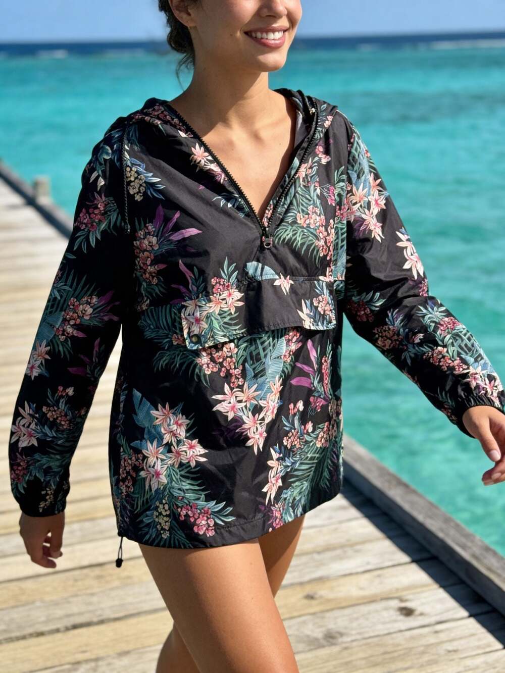 Xersion Women's Floral Print Half-Zip Anorak Pullover Jacket Size L